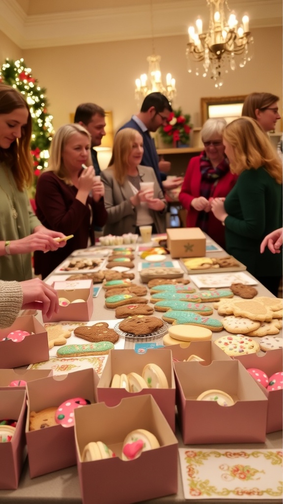A cheerful cookie swap party with decorated cookies on a table, guests tasting and enjoying the festive atmosphere.